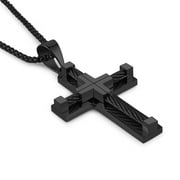 Stainless Steel Men's Cross Necklace Cable Inlay Double Layer Cross Necklace Pendant 22 + 2 Inch Chain (Black)